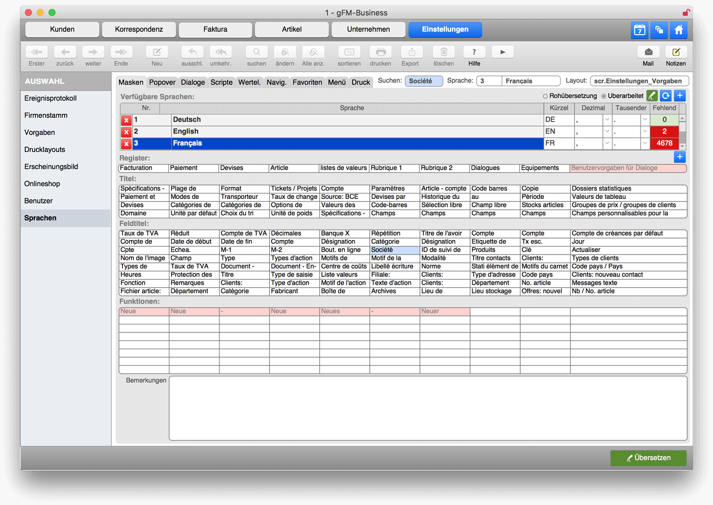 Sprachmodul in der gFM-Business ERP-Software